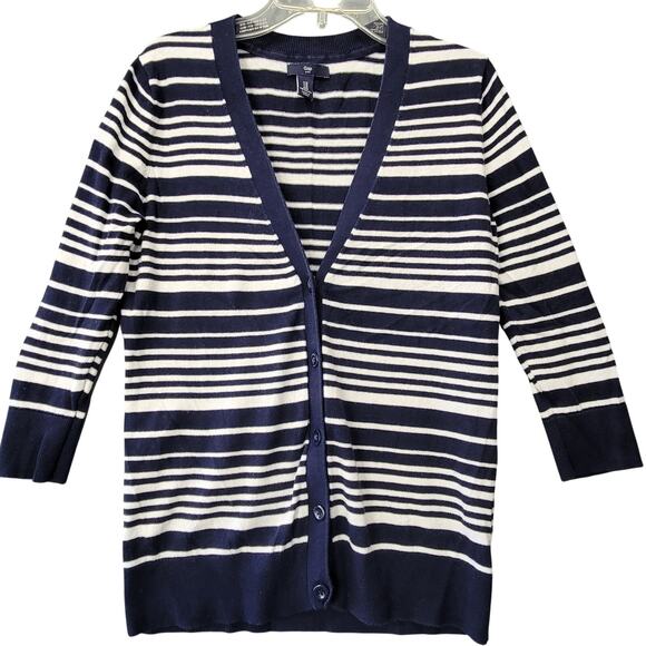 Gap Blue Preppy Stripe Cardigan Sweater Button Up 3/4 Sleeves Knit Womens Size M - Picture 1 of 8
